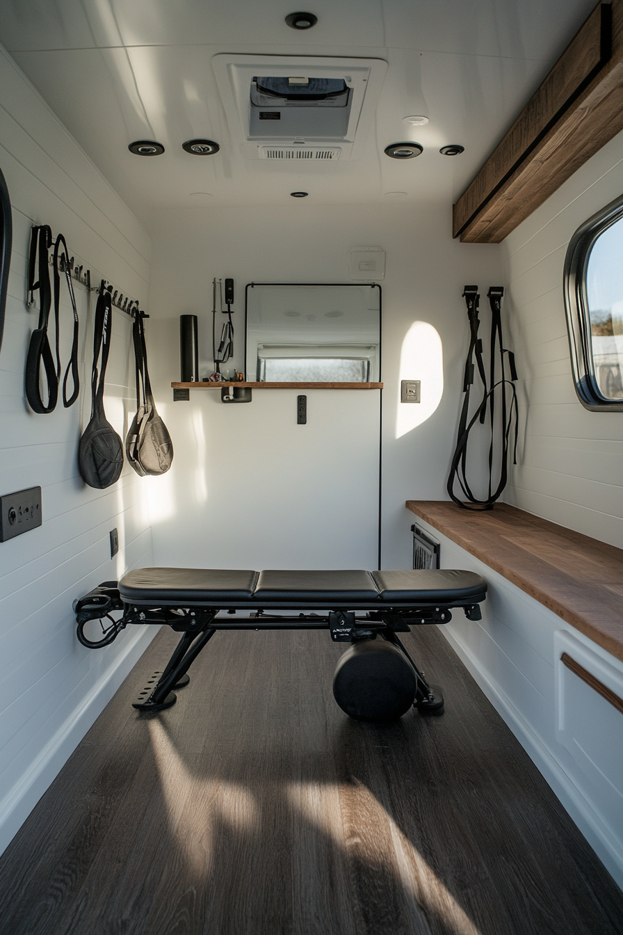 Exercise room in camper. Neutral tones, minimalist layout, foldable rowing machine, resistance bands, rectangular mirror.