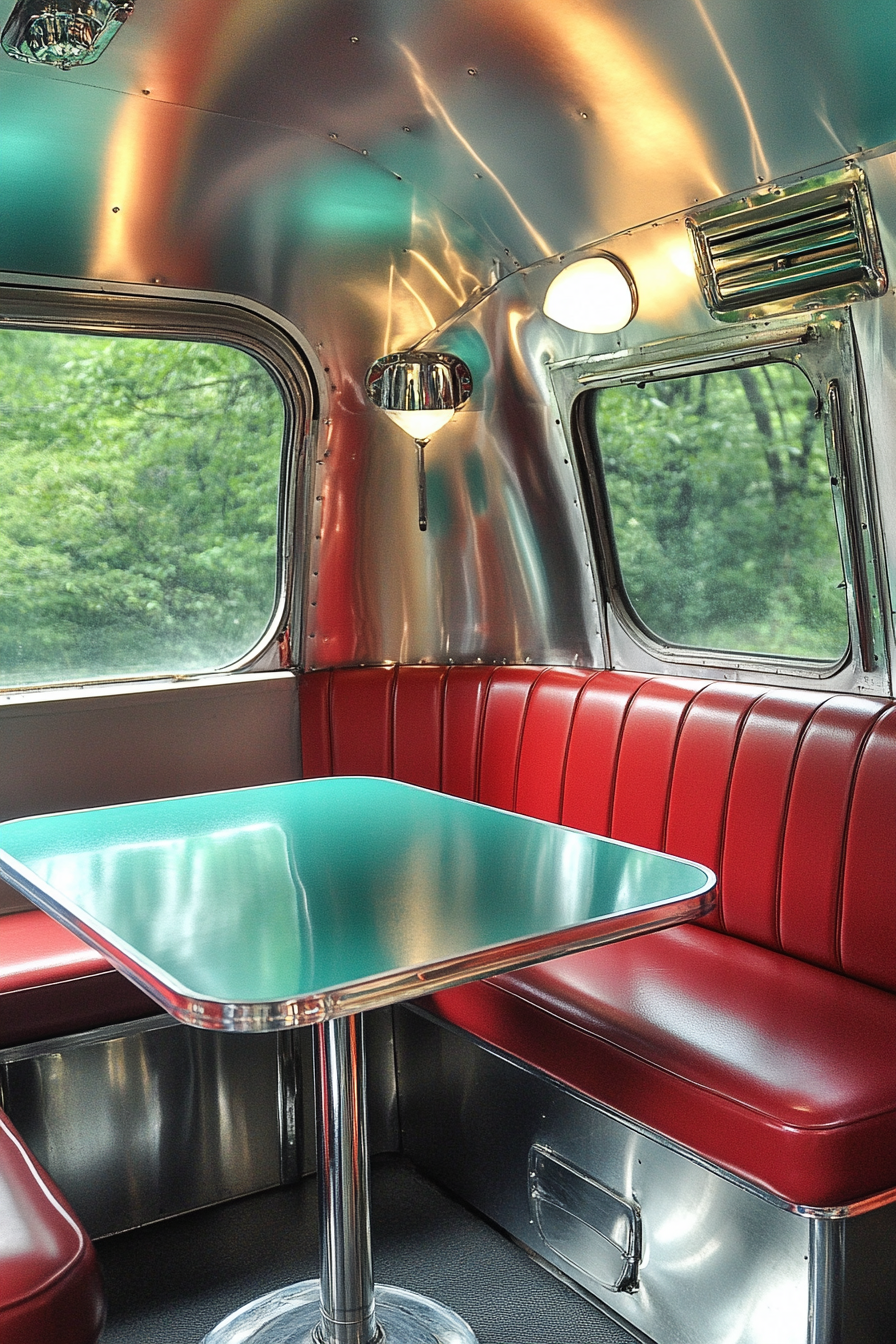 Vintage Airstream Dining Nook. Red vinyl booth, chrome finishes, teal formica table.