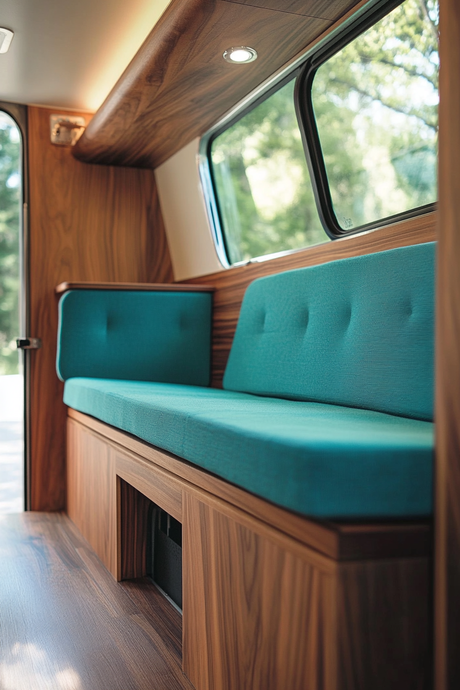 Camper lounge. Scratch-proof teal seats and secret litter compartment within walnut paneling.