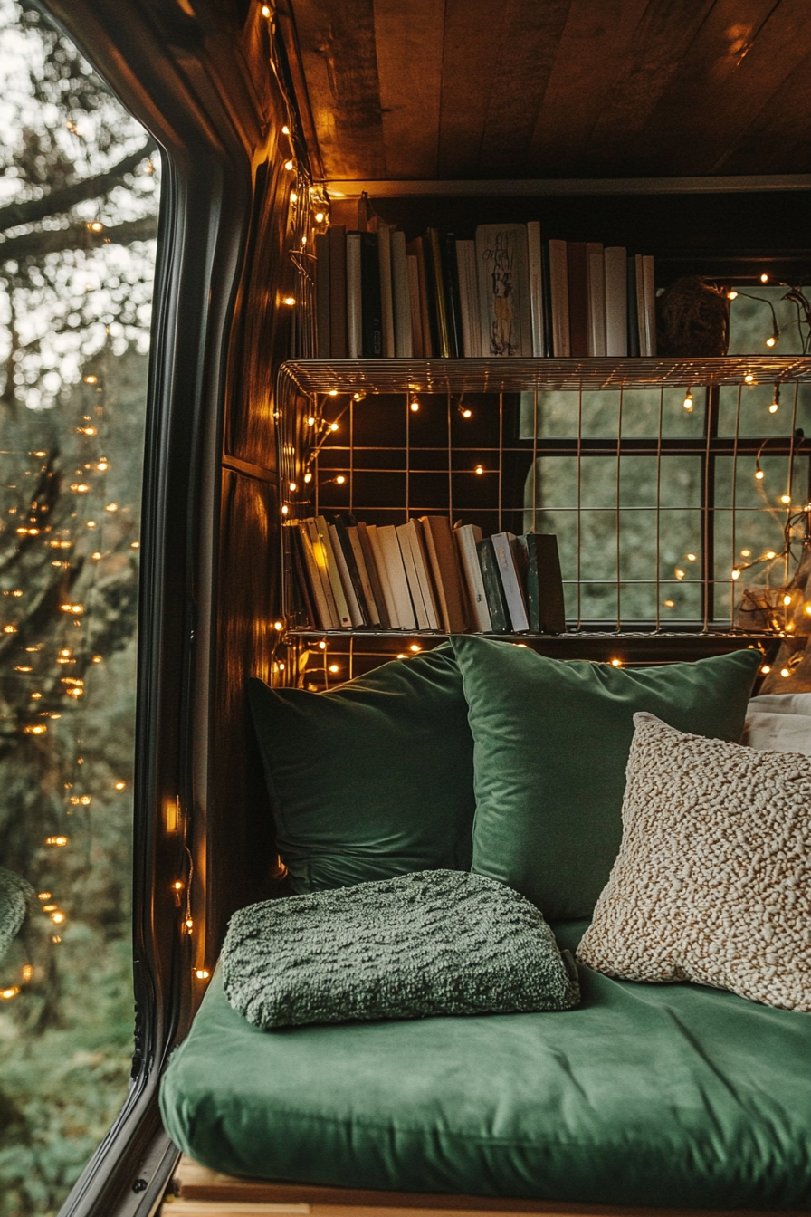 Eco-friendly van reading corner. Wire book rack, sage green velvet cushions, golden incandescent fairy lights.