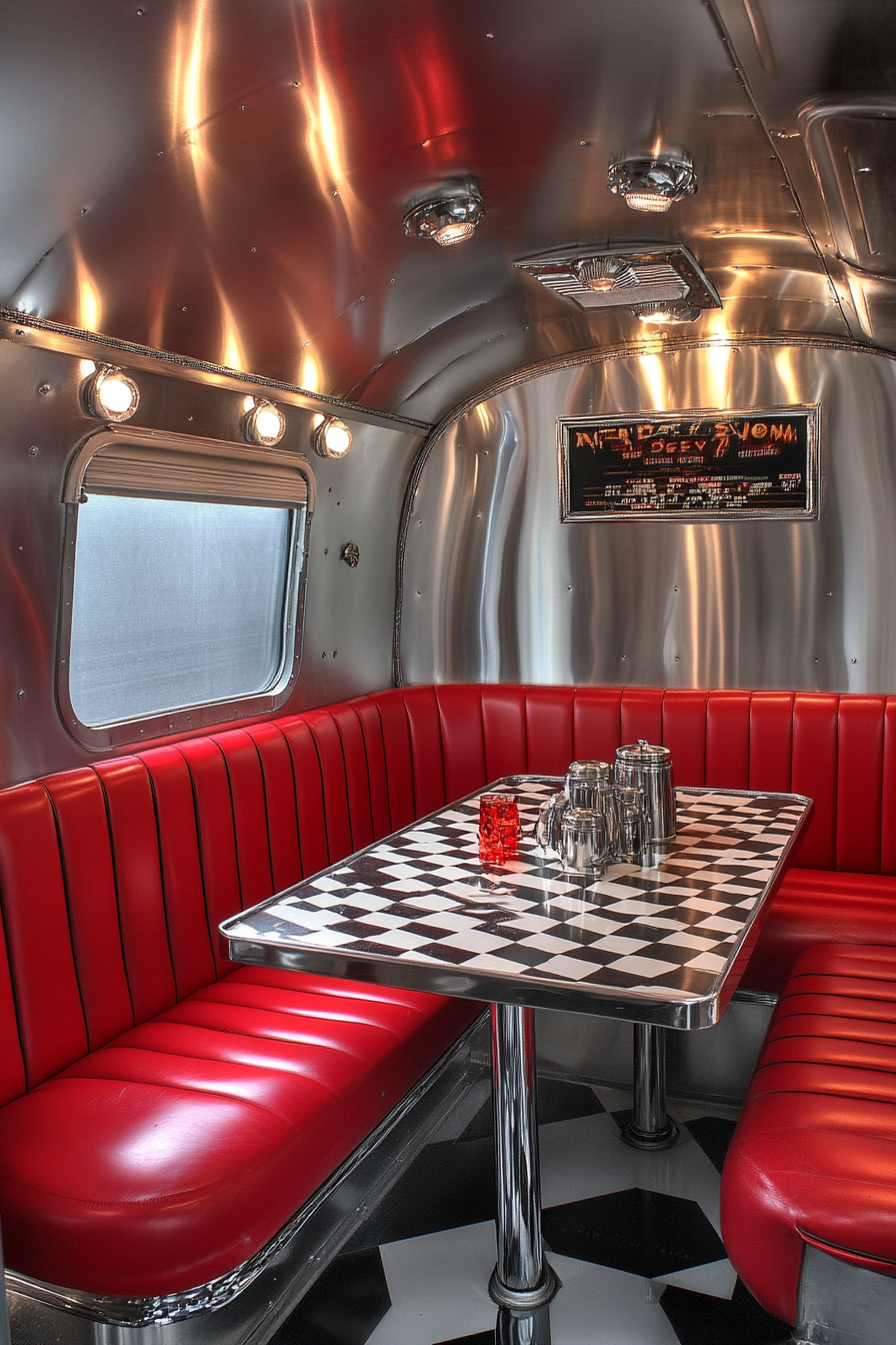 Dining nook. Airstream interior, red vinyl booth, checkered Formica tabletop, chrome finishes.