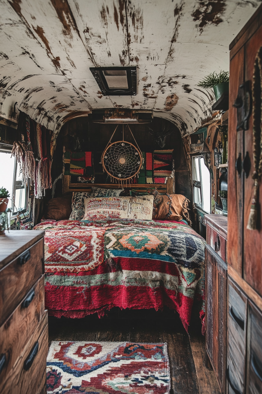 Van bedroom. Navajo textiles, leather cabinet pulls, distressed wood floors, dreamcatcher-fronted alcove.