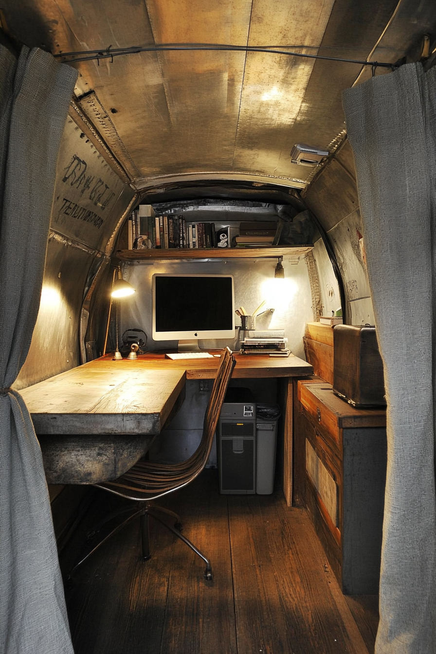 Sprinter van office. Recycled wooden desk against reclaimed metal walls, hemp curtains.