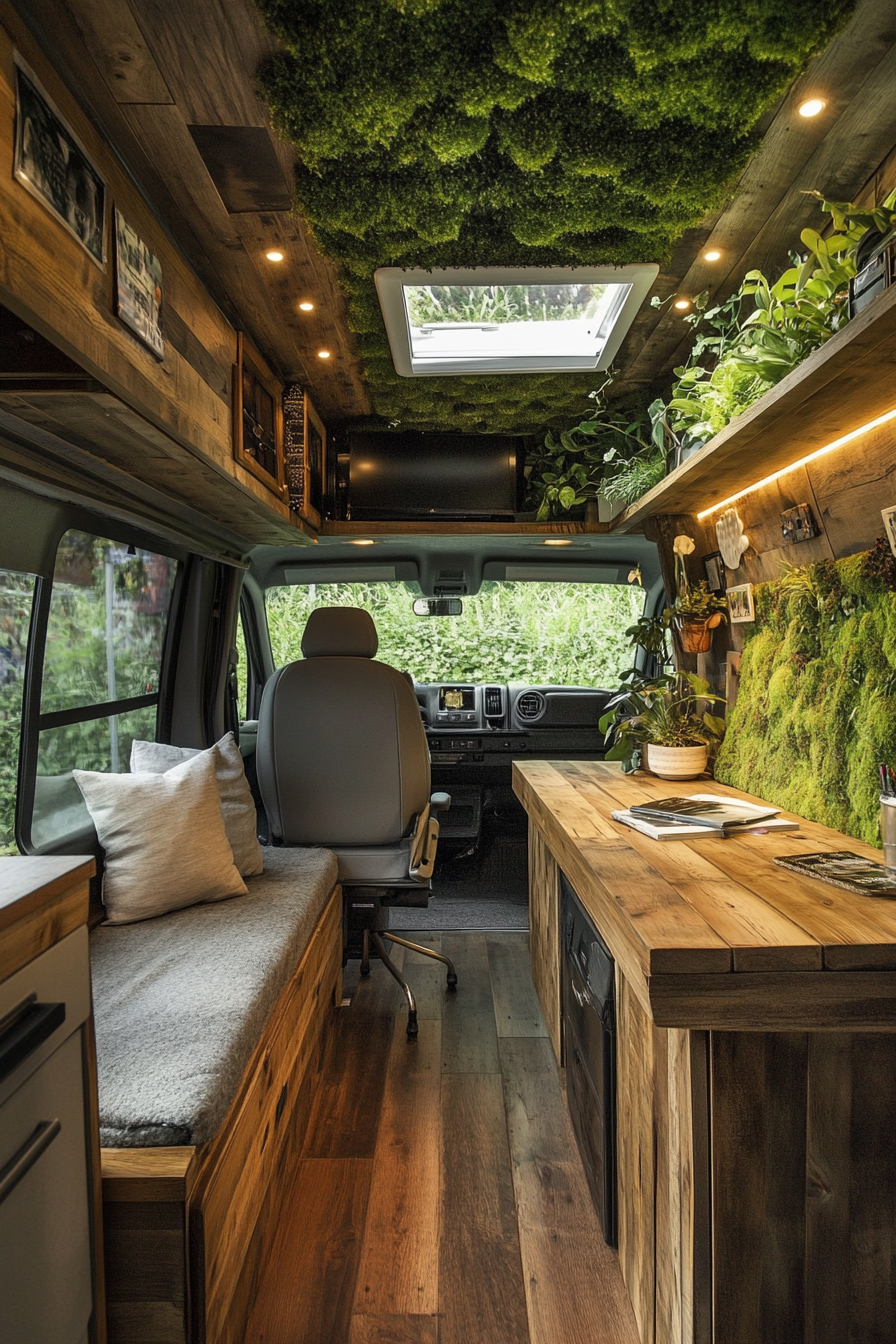 Van workspace. Living green roof, moss wall, natural wood desk.