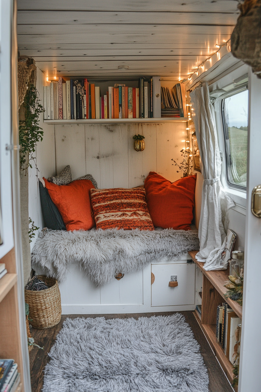 Eco-friendly van reading corner. Recycled vermilion cushion, shaggy grey rug, crisp white fairy lights, aspen book storage.