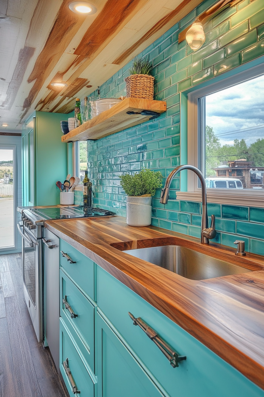 Retro Surf Van Kitchen. Turquoise tile backsplash with wood countertop and aqua cabinetry.