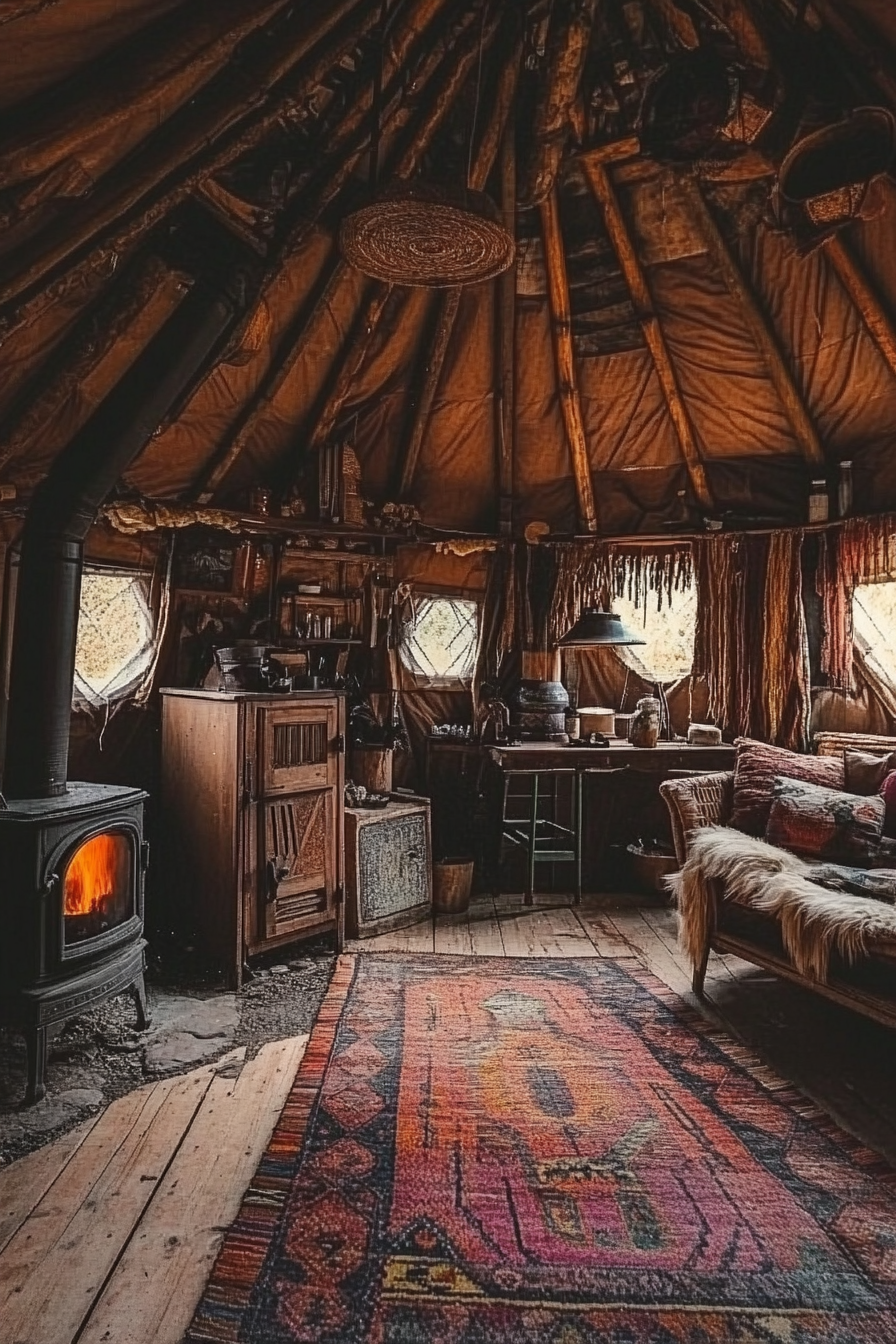 Rustic-style yurt living space. Antique wooden stove and fringed tribal rugs.