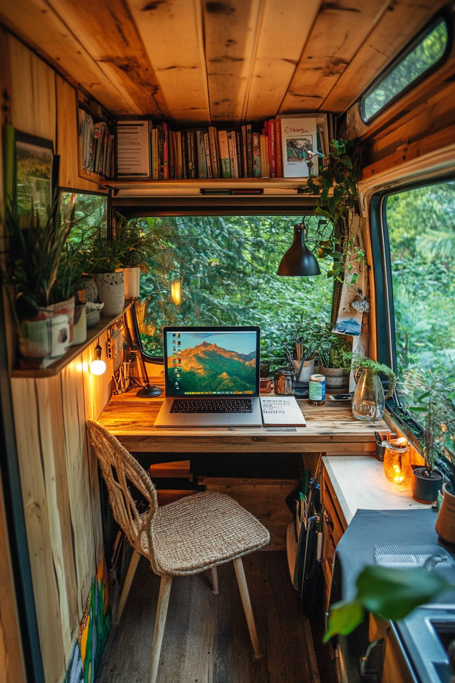 Sustainable Sprinter Van Office Space. Recycled wood desk, hemp chair, eco-friendly air-purifier.