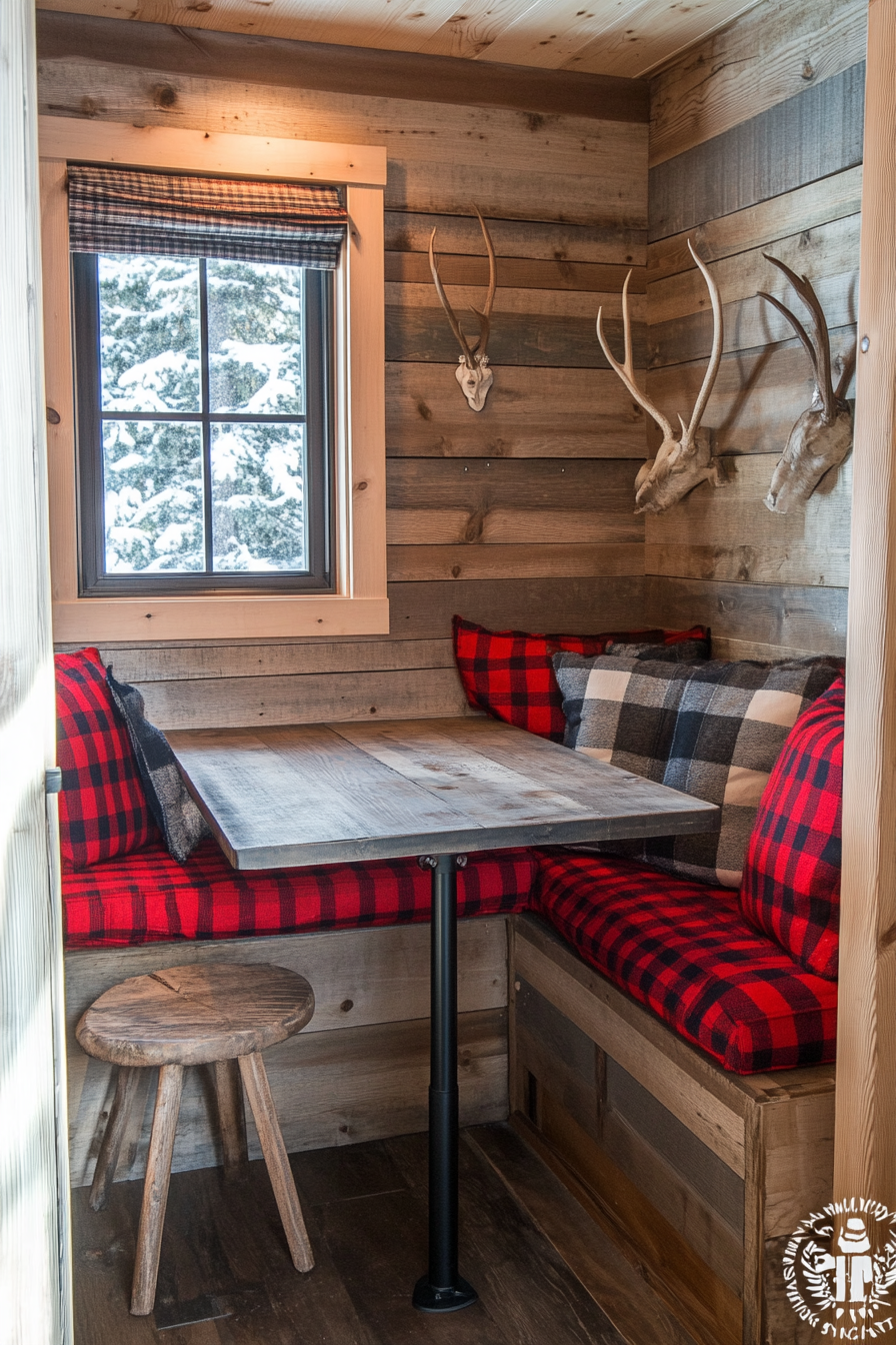 Alpine Tiny House Office. Distressed pine desk, holiday red plaid cushions, shed antler hooks.