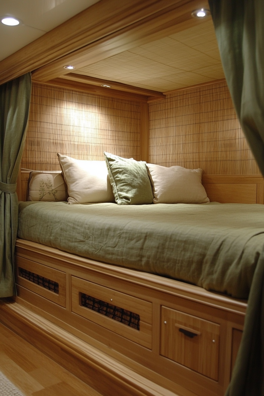 RV bedroom. Platform bed with bamboo sheets, rice paper screens, hidden storage compartment.