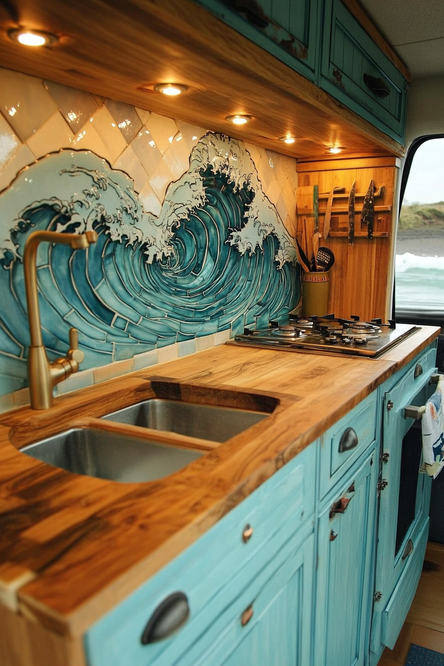 Retro surf van kitchen. Aqua cabinets, wood counters, and wave art tiles.