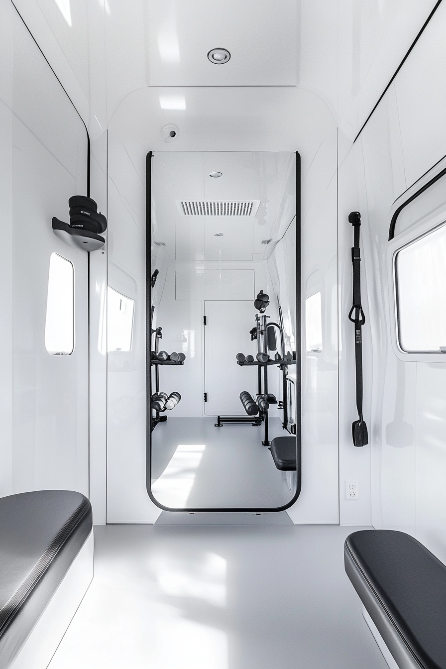 Exercise room in a minimalist camper. White walls, floor to ceiling mirrors, foldable weights.