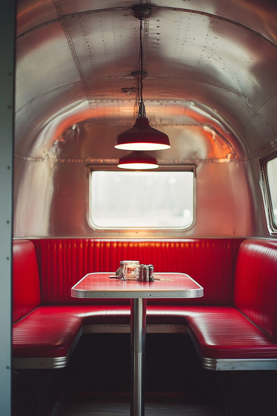 Vintage Airstream Dining Nook. Red vinyl booth, chrome finishes, formica countertop and pendant light.