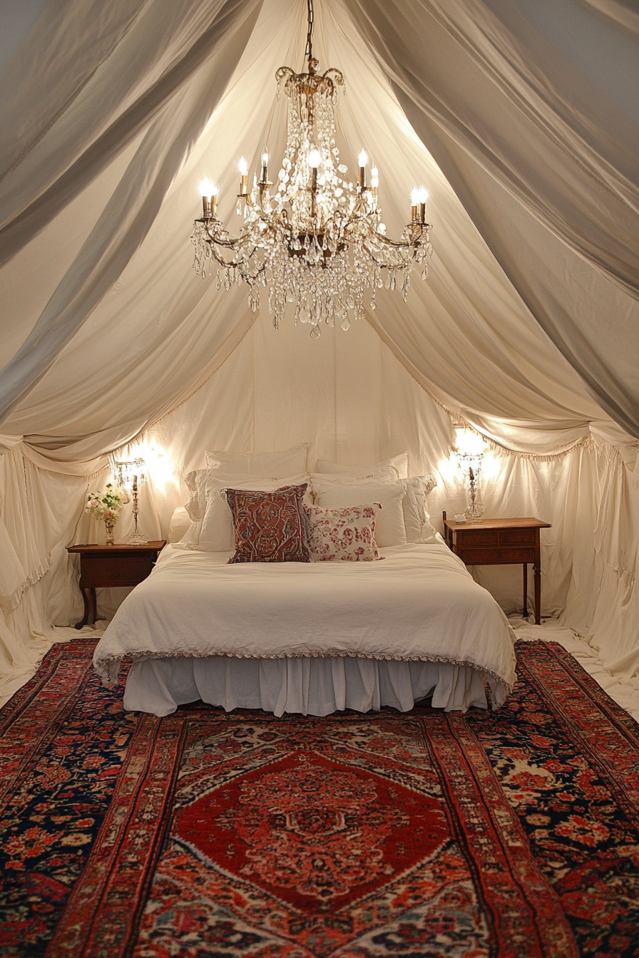 Luxury Glamping Tent Suite. Ivory Canvas Walls, Persian Rugs, Crystal Chandelier.