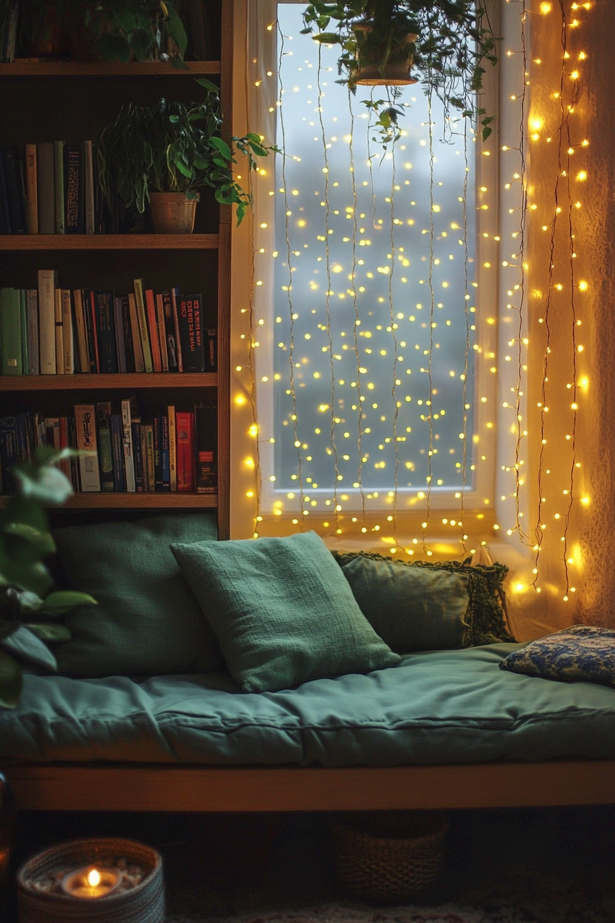 Van reading corner. Bamboo bookshelf, sage cushions, golden fairy lights.