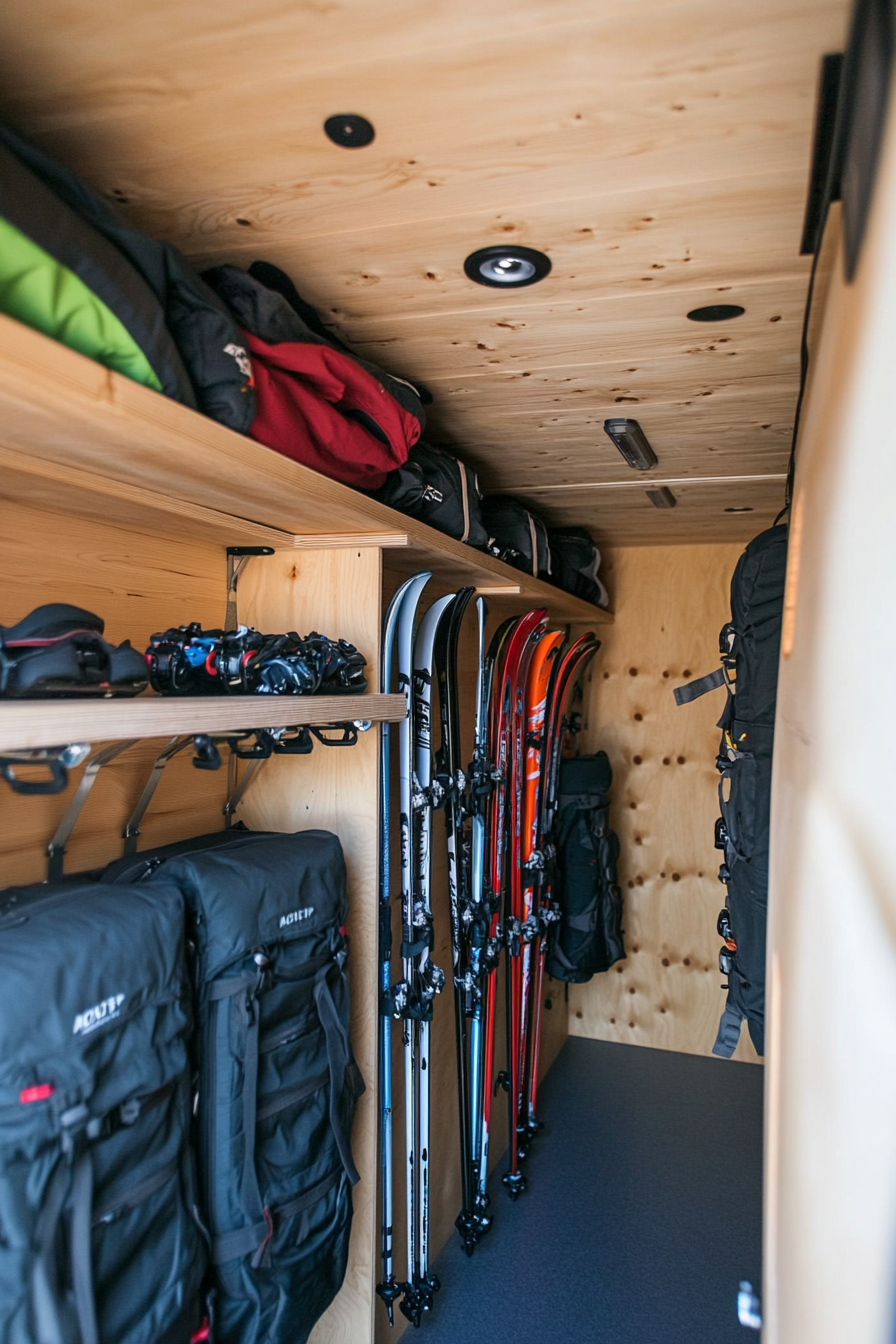 Adventure Van Storage Space. Birch shelving units with ceiling-mounted ski racks.