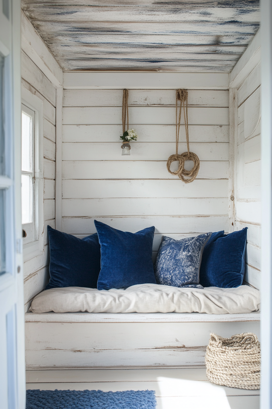 Camper living area. Whitewashed walls, knotted rope trim, sapphire pillows.