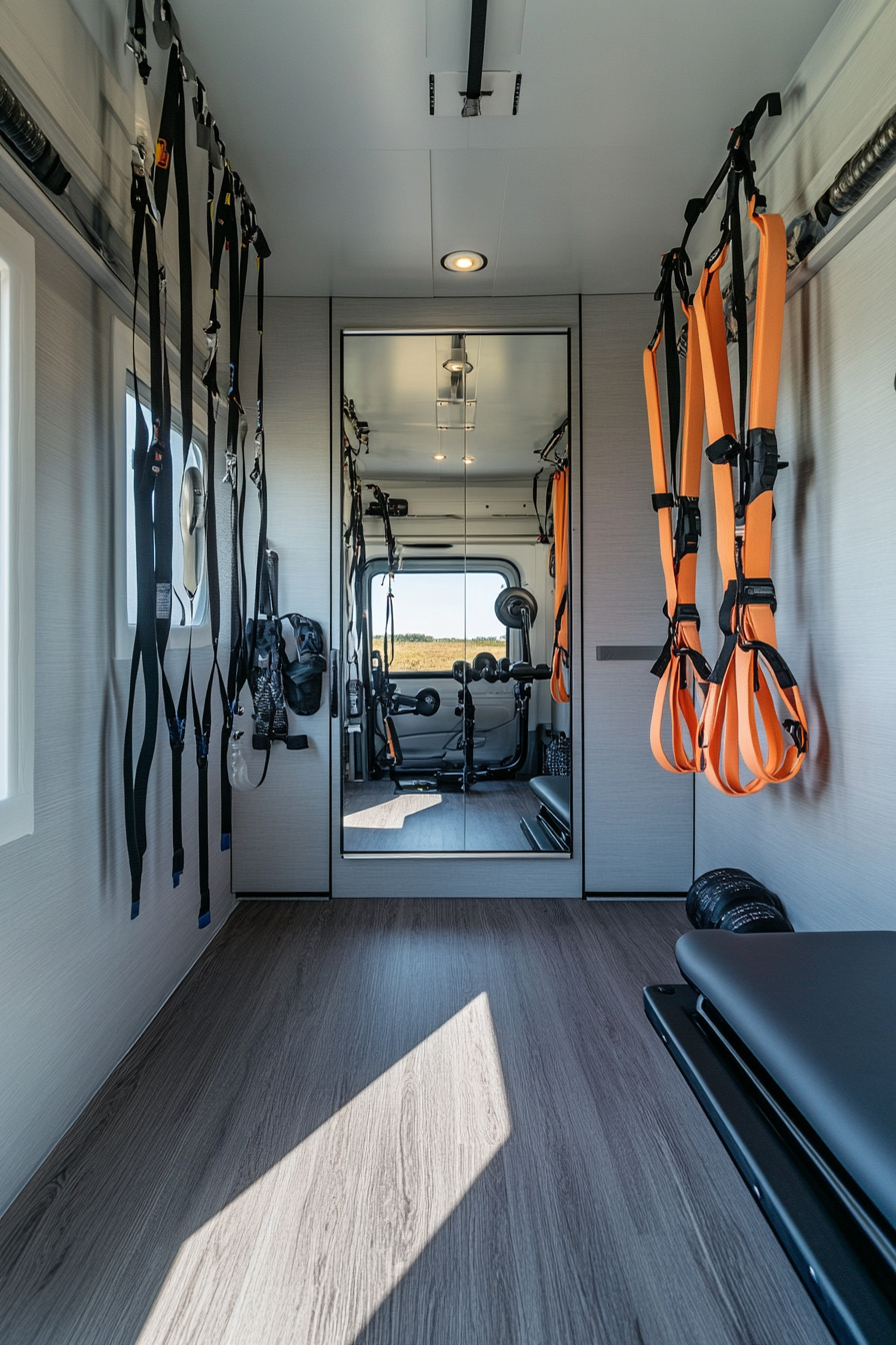 Exercise room in minimalist camper. Resistance bands on wall-mounted storage, folded exercise bike, large mirror.