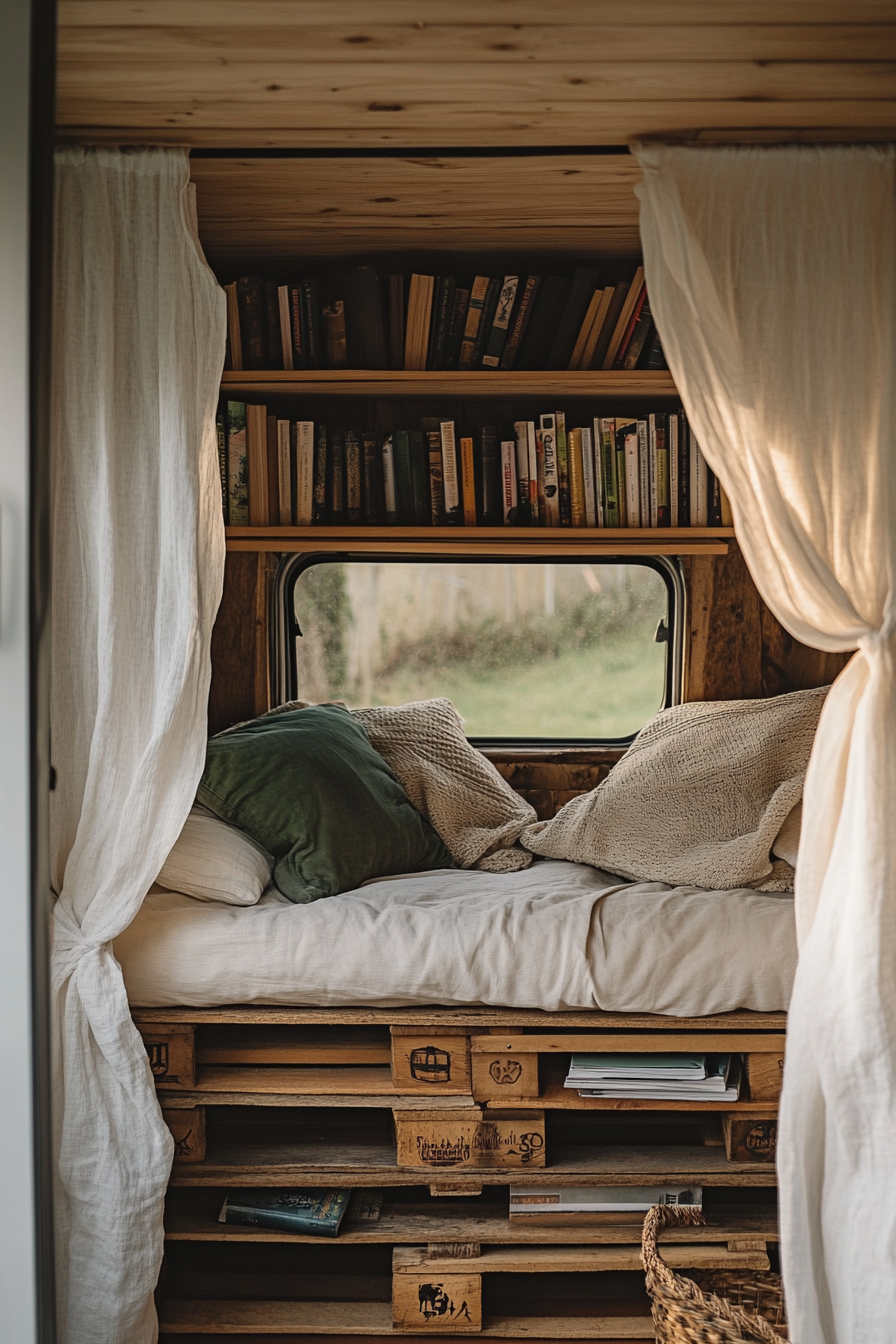 Eco-friendly van reading corner. Stick pallet case book storage with tied-back gauze curtains.