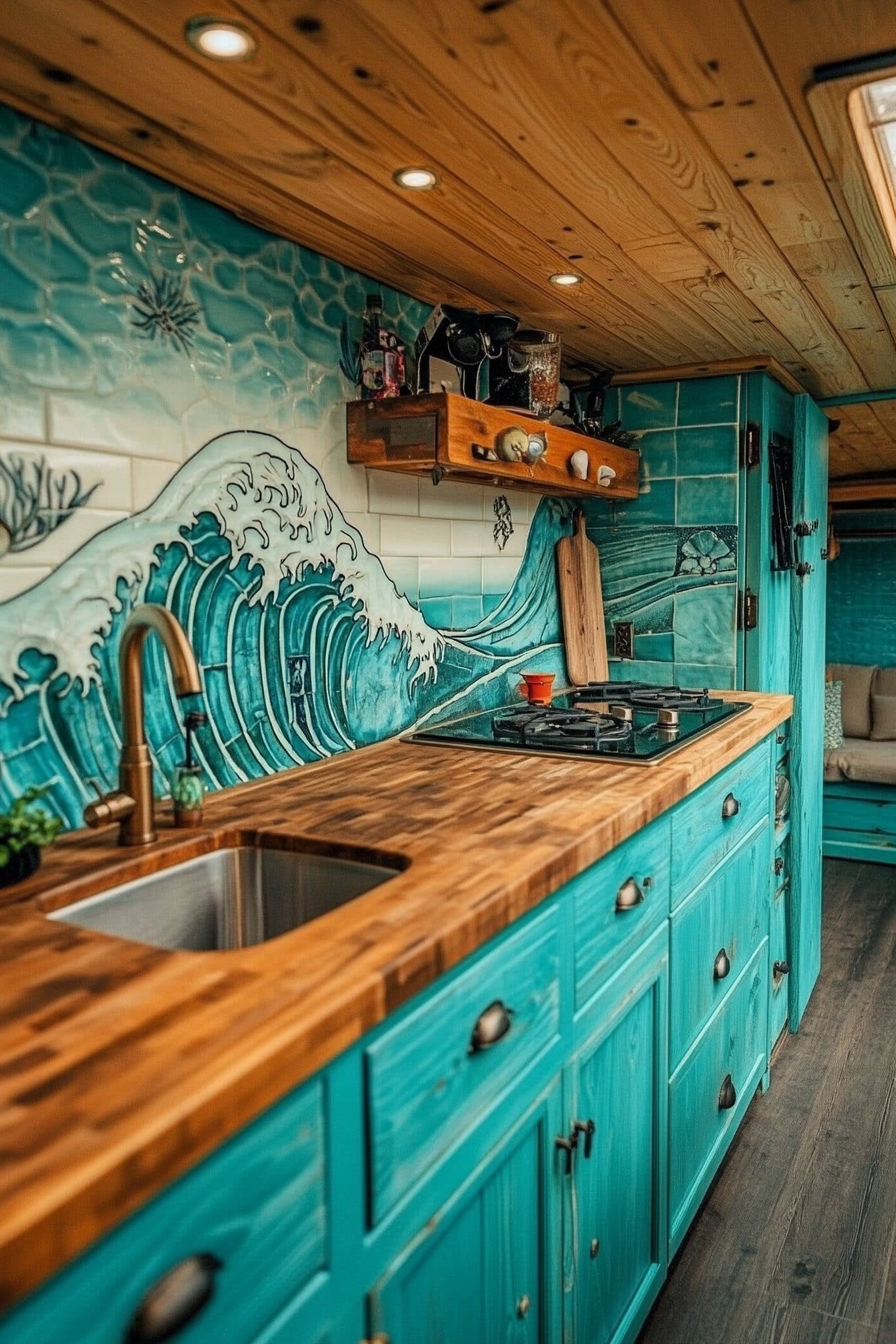 Retro Surf Van Kitchen. Aqua cabinets, wooden counters, wave textured art tiles.