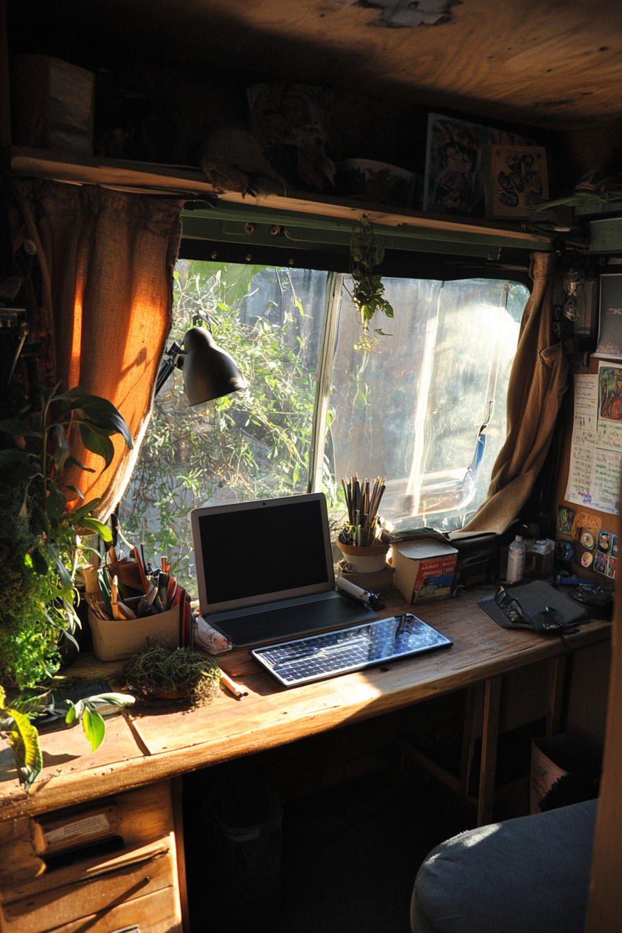 Sprinter van office space. Hemp blend window curtains, reclaimed wood desk, solar-powered lamp.