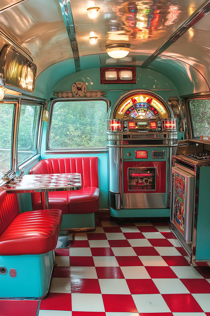 Retro Camper Dining Space. Turquoise walls, red and white checkerboard floor with a chrome jukebox.