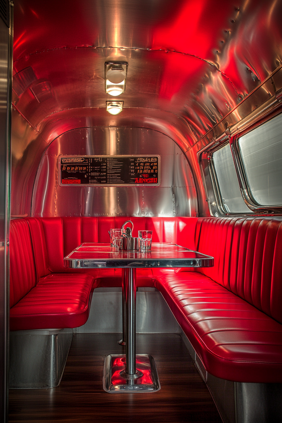 Dining Nook. Vintage Airstream, red vinyl booth, chrome dining table.