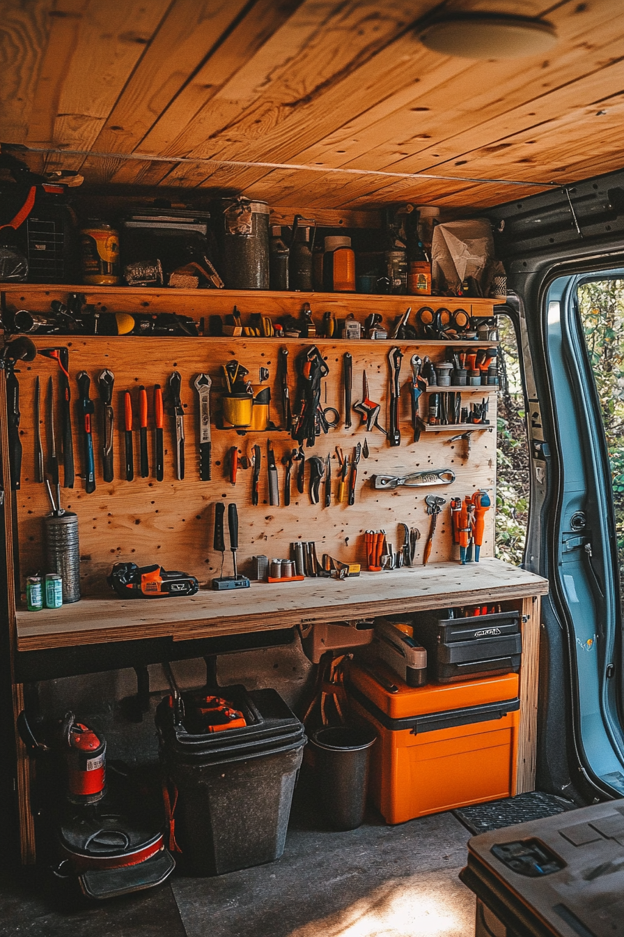 Workshop setup. Custom made timber tool wall in adventure-ready van.