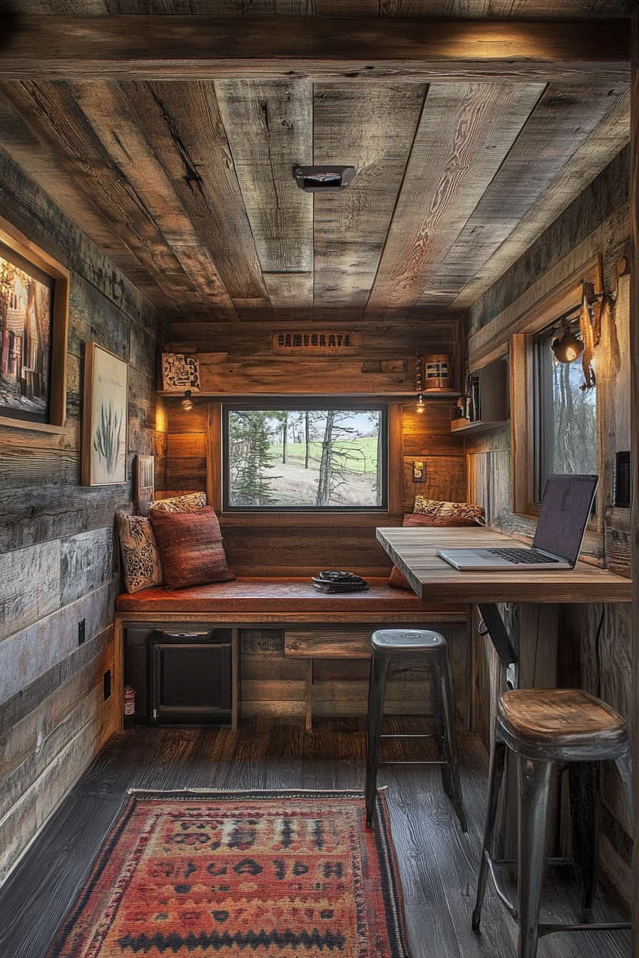 Sprinter van office space. crafted from reclaimed barn wood.