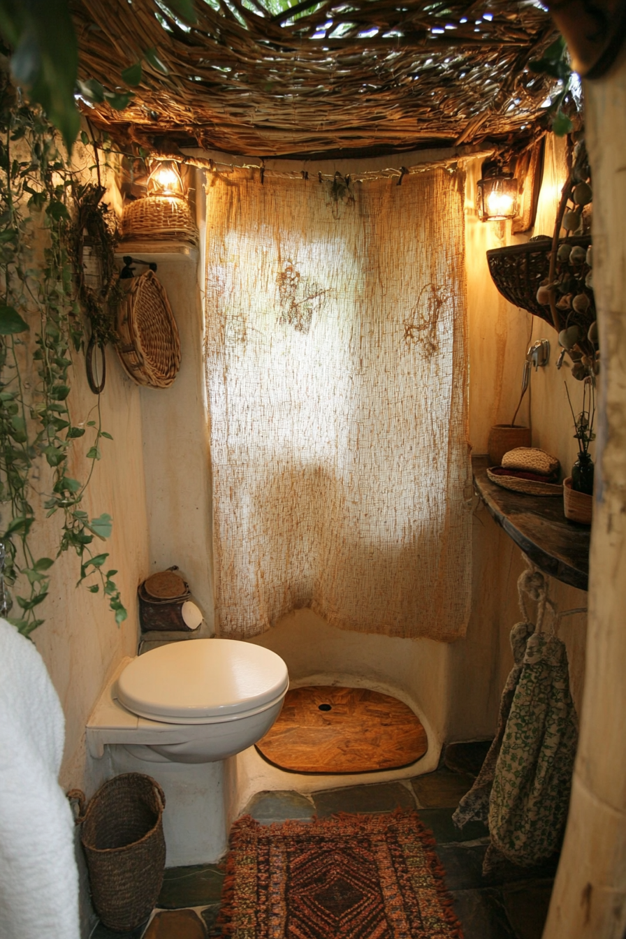 Tiny sustainable bathroom. Composting toilet, hand-woven bamboo shower curtain, greywater recycling scheme.