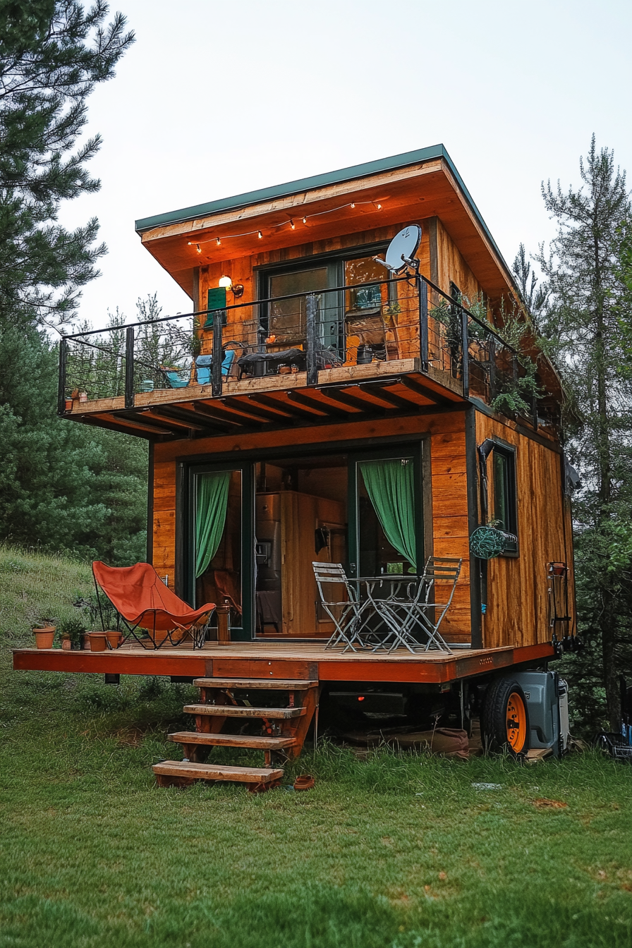 Alpine tiny house deck. Fold-down railings, telescope mount, camping chairs.