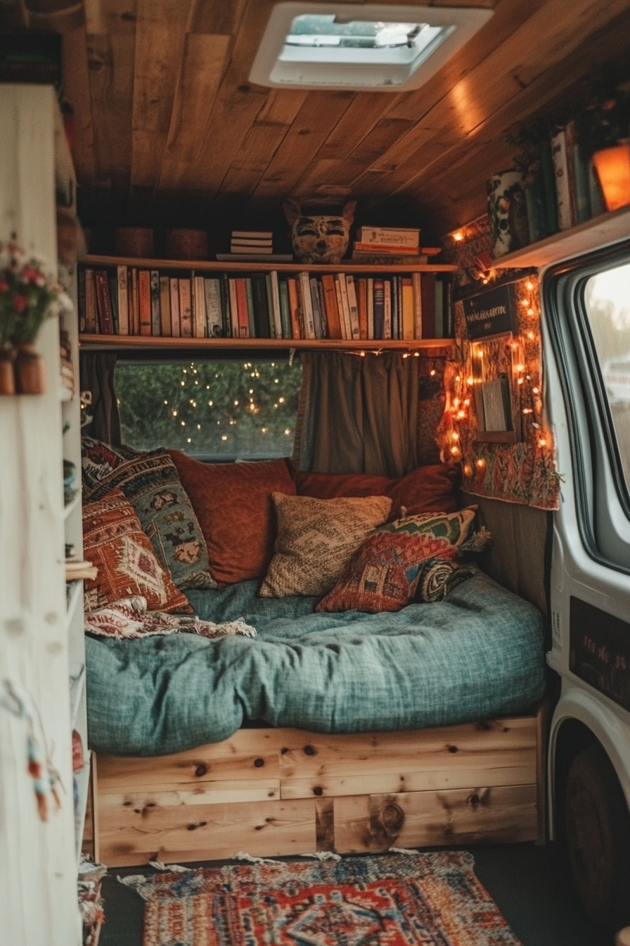 Eco-friendly van reading corner. Bamboo bookshelf, solar-powered fairy lights, recycled denim cushions.