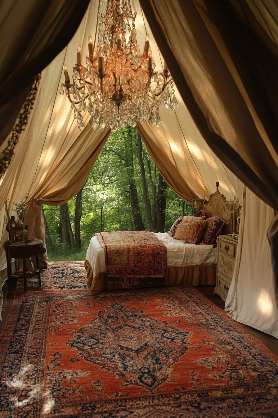 Glamping tent suite. Canvas walls, Persian rugs, crystal chandelier, in forest setting.