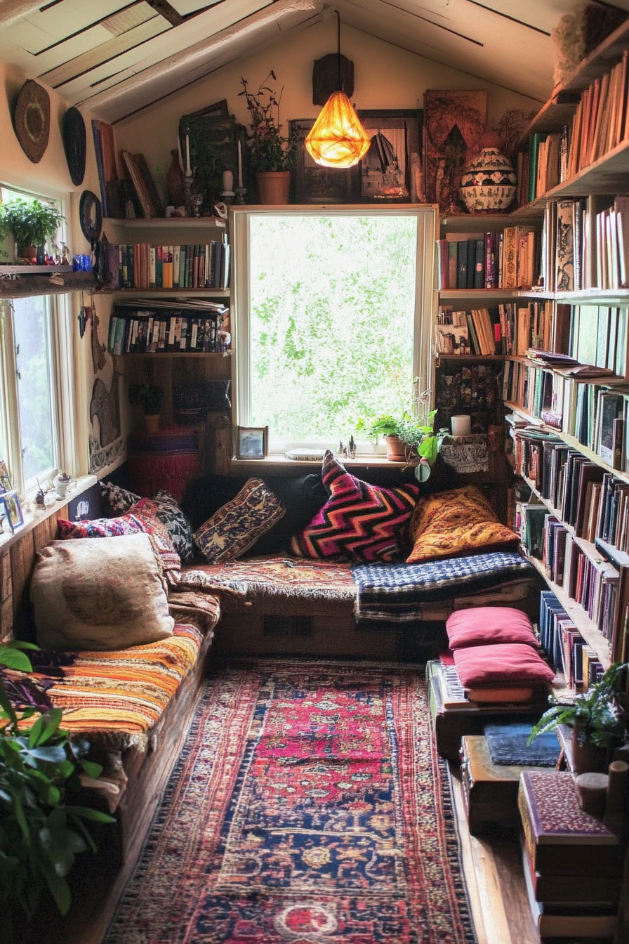 Tiny house library. Floating shelves, moroccan floor cushions, plants. Emerging steckling.