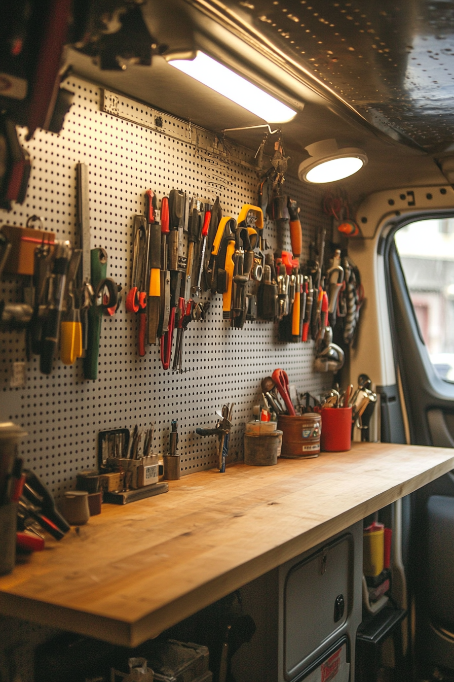 Van workshop. Fold-down teak workbench, bright overhead lights, brushed-metal tools hanging neatly on grillegrey pegboard wall.