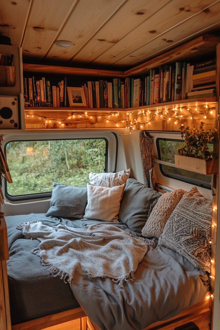 Eco-friendly van reading corner. Wooden bookshelves, fairy lights draping, grey recycled cushions.