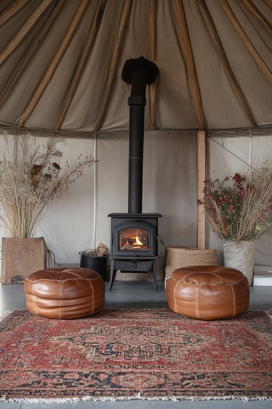 Yurt living space. Wooden stove, leather poufs, Persian rug.