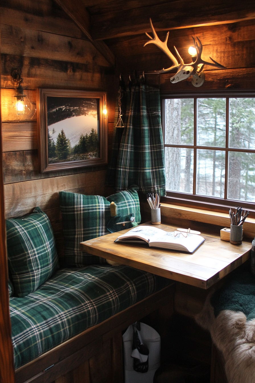 Alpine tiny house office. Pine desk, faux antler hooks, green plaid cushions.