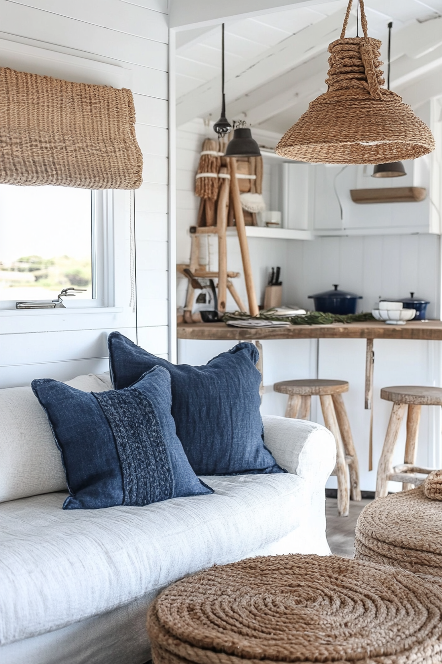 Living area, coastal style camper. Whitewashed walls, rope trimmings, deep blue accents.