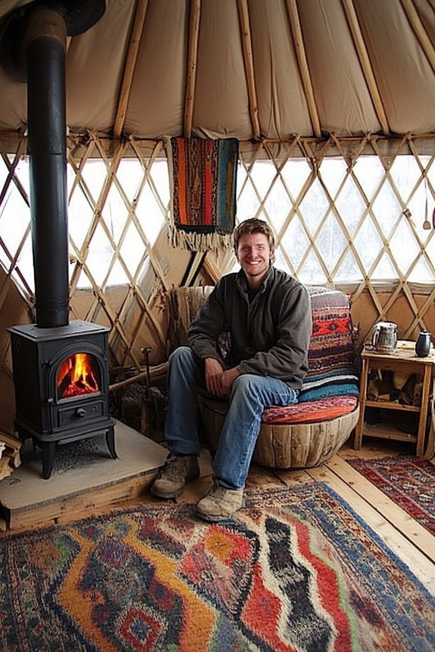 Rustic-style yurt living space. Wood burning stove in a corner surrounded by tribal rugs.