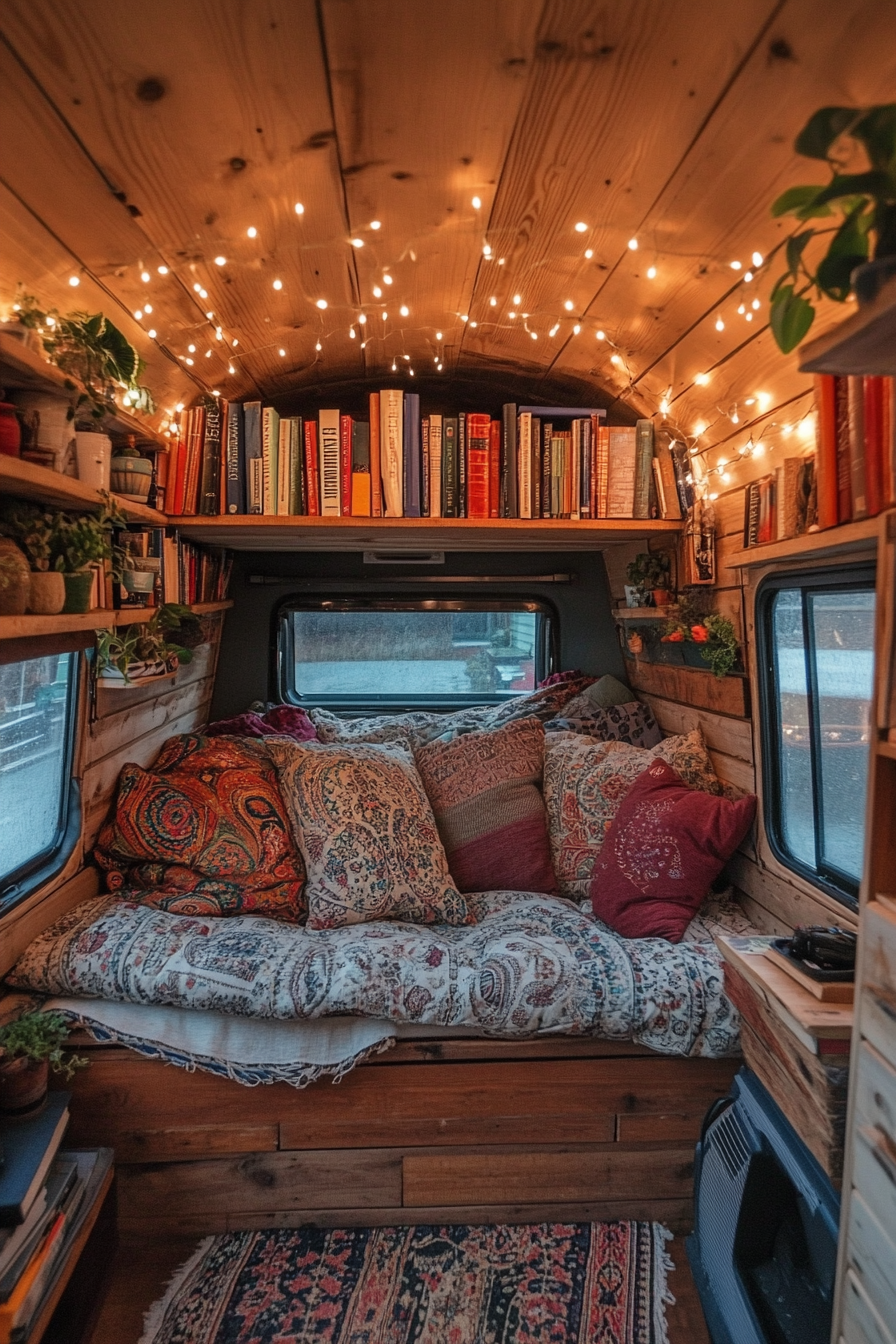 Eco-friendly reading nook in van. Recycled paisley cushions, rustic shelves with books, twinkling fairy lights.