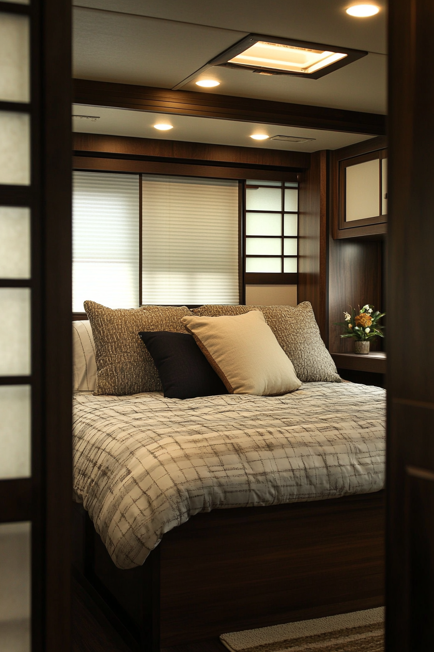 Zen-Style RV Bedroom. Platform bed with minimal dark wood frame, rice paper room divider.