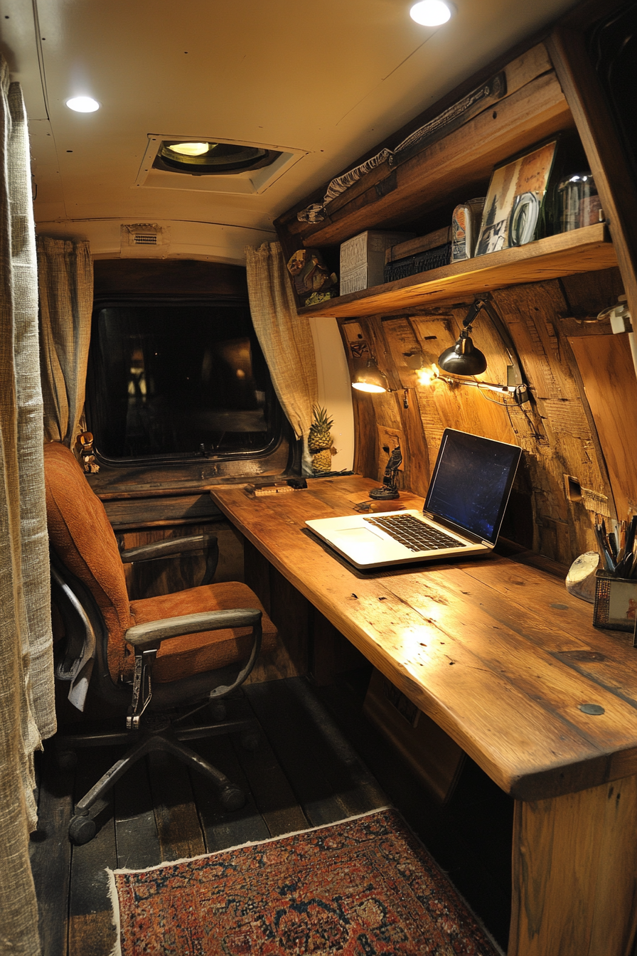 Sprinter van office space. Recycled wood desk, earth-toned hemp curtains, and a solar-powered lamp.