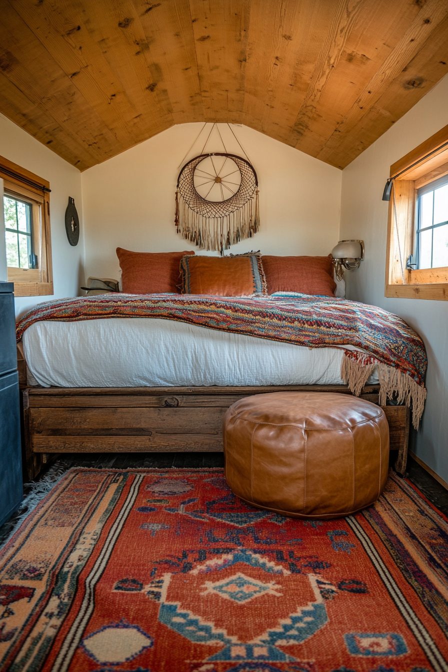 Van bedroom. Navajo throw rug, tan leather pouf, dreamcatcher above bed.