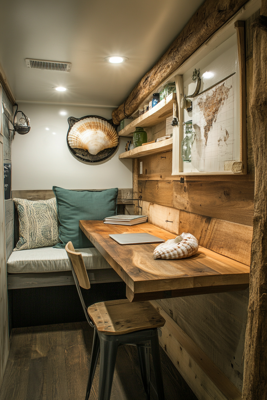 Sustainable Sprinter van office space. Nautical theme with seashell inset recycled wood desk.