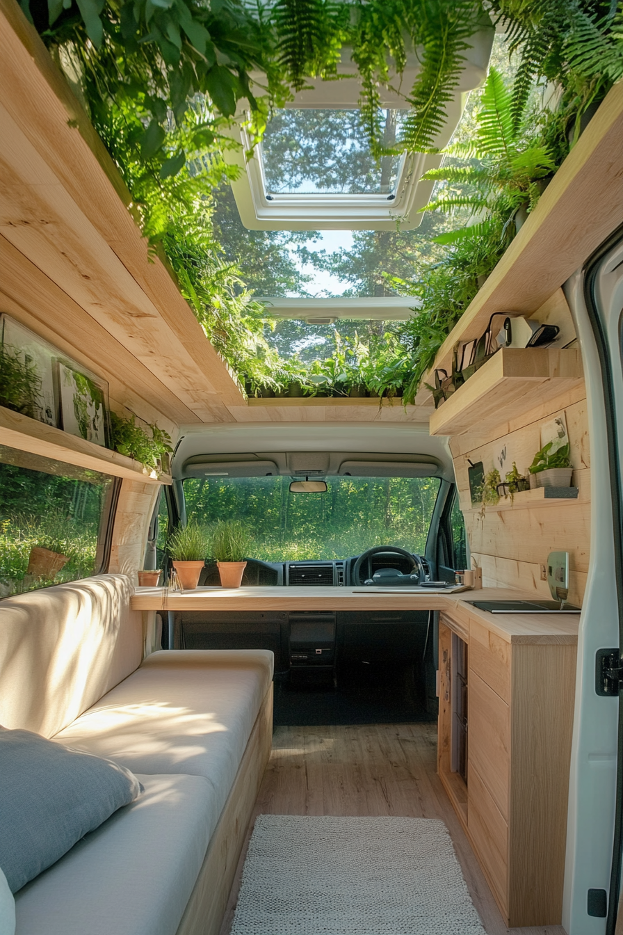 Biophilic van workspace. structure with pale birch desk and fern-filled green roof.