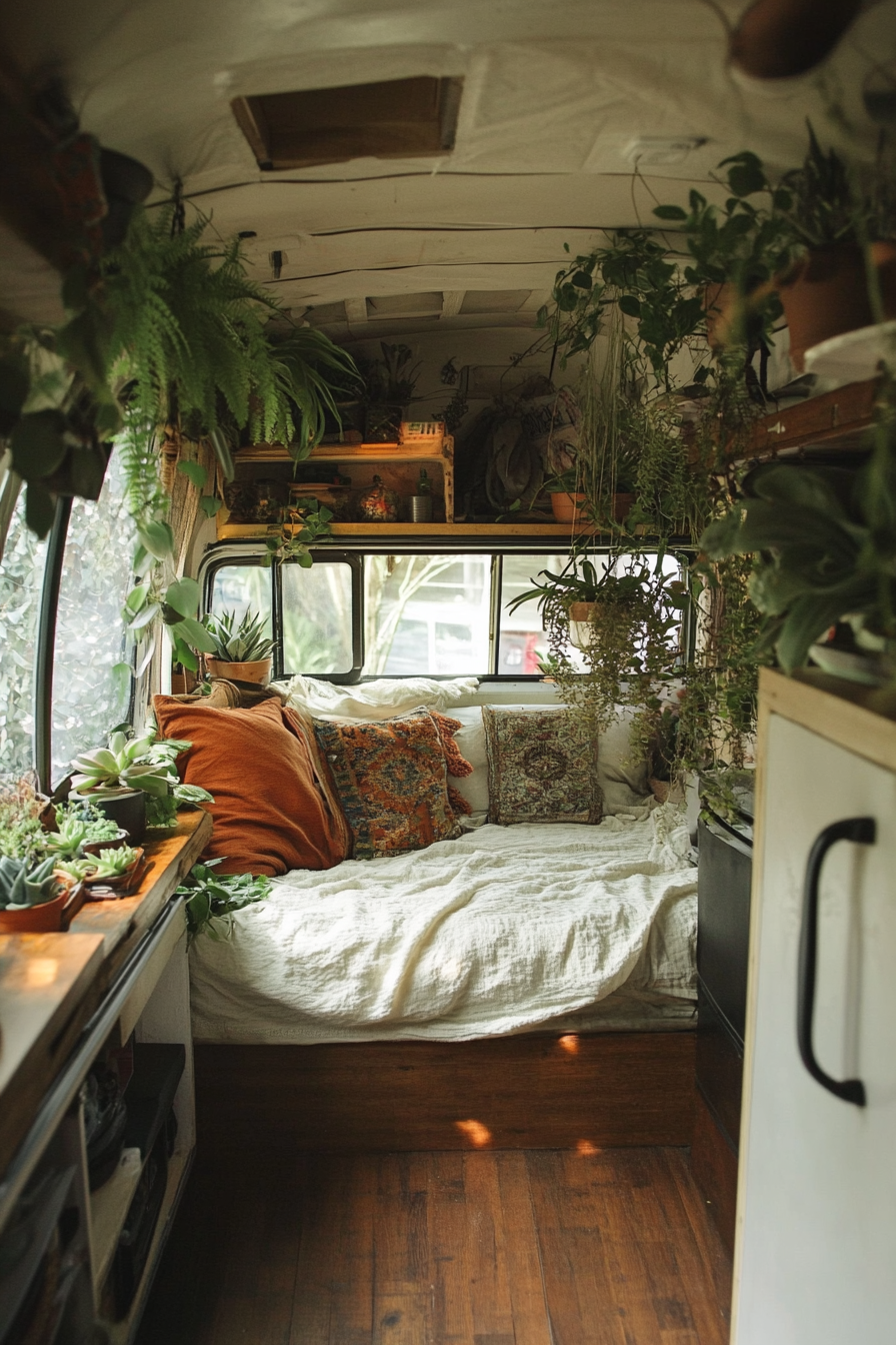 Van workspace. Bamboo flooring, hanging ferns, rooftop succulent garden.