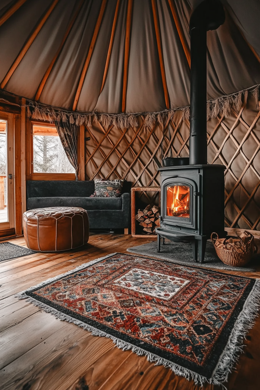 Rustic yurt living space. Wood stove with traditional Caucasian rug and a leather Pouf.