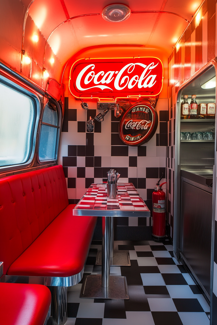 Retro camper dining space. Neon lit Coca-Cola sign, red vinyl booth, black and white checkerboard floor.