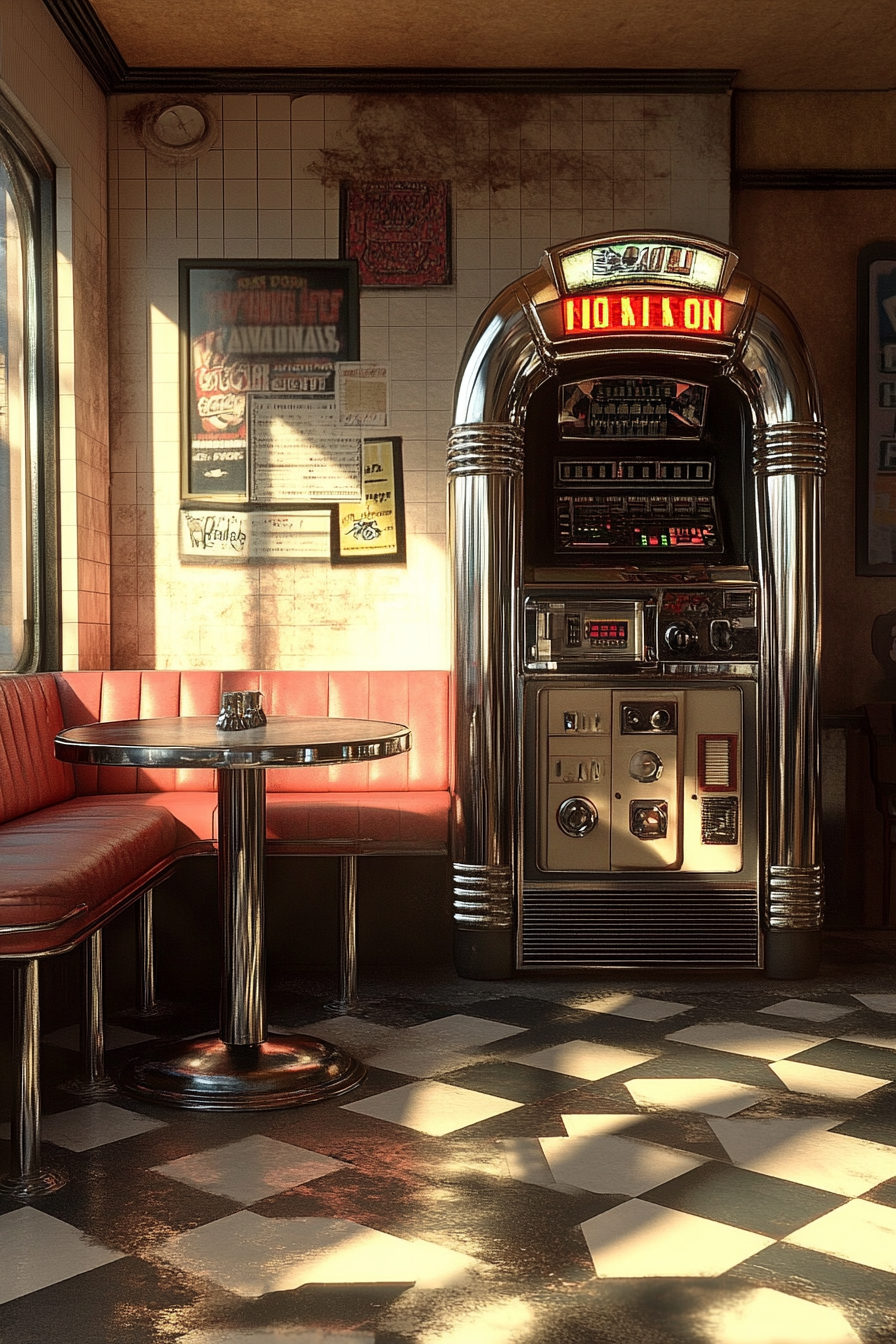 table, checkerboard floor, and a retro jukebox.